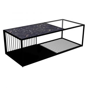 Table basse en fer forgé avec verre et effet marbré noir