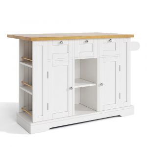 Console blanche avec plateau en bois et rangements lat&eacute;raux