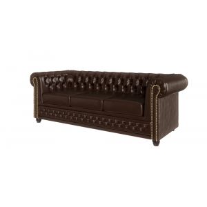 Canap&eacute; Chesterfield 3 places avec fonction lit en cuir v&eacute;gan, marron