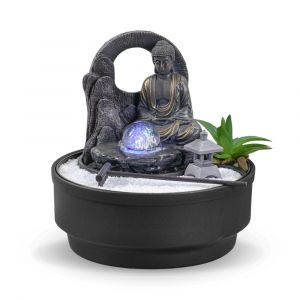 Fontaine d'int&eacute;rieur jardin zen r&eacute;sine grise avec boule verre - H21cm