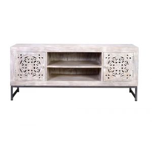 Meuble TV manguier et pieds m&eacute;tal blanc vieilli