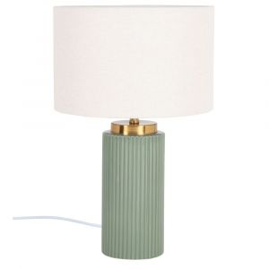 Lampe en c&eacute;ramique stri&eacute;e verte et dor&eacute;e et abat-jour en polyester recycl&eacute; beige cr&egrave;me