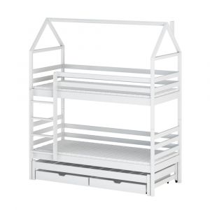 Lit cabane superposé 90x190 sommiers lit gigogne et tiroirs - Blanc