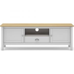 Meuble TV 2 portes 1 tiroir en pin massif blanc / effet ch&ecirc;ne 158 cm