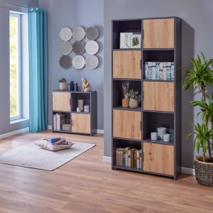 Etagère 10 cases avec 5 portes battantes anthracite effet bois