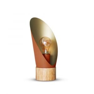 Lampe de table m&eacute;tal orange et socle en bois