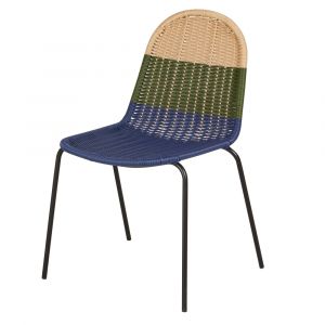 Chaise de jardin en acier noir et r&eacute;sine vert kaki, beige et bleue