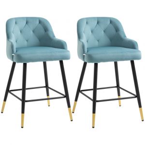 Lot de 2 tabourets de bar design Chesterfield effet capitonn&eacute; bleu
