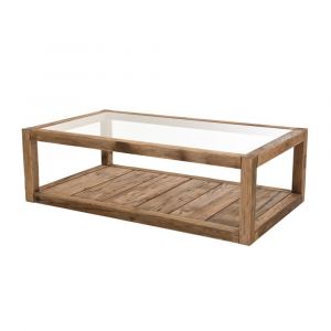 Table basse 1 plateau verre 1 plateau bois en pin recycl&eacute; L140