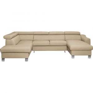 Canap&eacute; d'angle gauche convertible en cuir beige 7 places