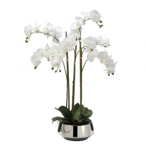 Composition d'orchidée artificielle blanche avec vase argenté H72