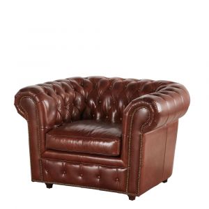 Fauteuil capitonn&eacute; en cuir marron