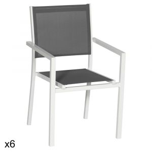 Lot de 6 chaises en aluminium blanc et textil&egrave;ne gris