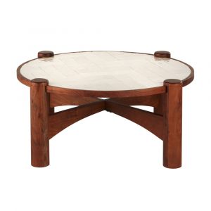 Table basse ronde en bois d'acacia et c&eacute;ramique &eacute;crue effet zellige D100