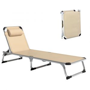 Chaise longue pliante appuie-t&ecirc;te en aluminium et textil&egrave;ne beige