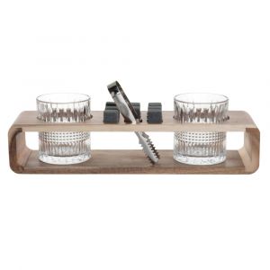 Support en bois d'acacia, verres à whisky taillés (x2), pince et glaçons en pierre