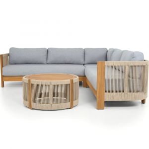 Salon de jardin d'angle 5 places - bois FSC - coussins gris chin&eacute;