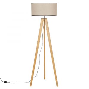 Lampadaire trépied en bois et abat-jour en lin  marron avec liseré noir H163