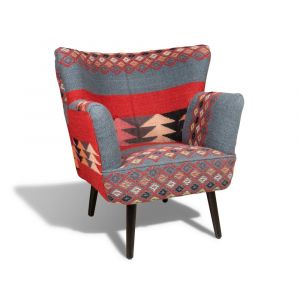 Fauteuil en kilim brod&eacute; main et pieds en bois noir