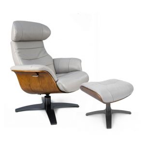 Fauteuil de relaxation et repose pieds en cuir gris  et chêne naturel