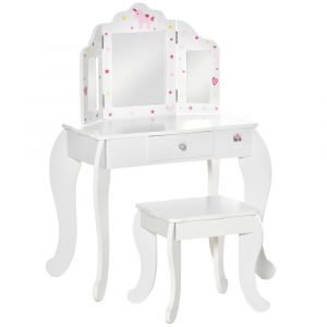 Coiffeuse enfant tabouret miroir triptyque et tiroir coulissant blanc
