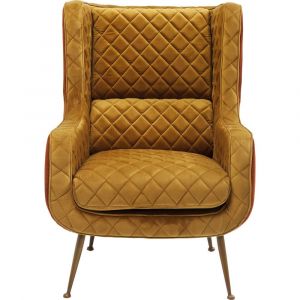 Fauteuil en velours ocre, cuivre et acier dor&eacute;