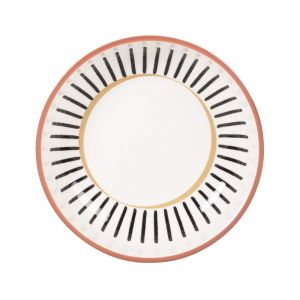 Assiette creuse en c&eacute;ramique blanche motifs ethniques noirs et marron