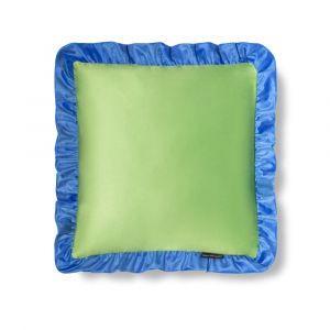 Coussin en velours avec volant plissé, bleu et vert pomme