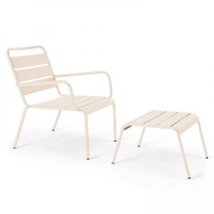 Fauteuil relax et repose pied en m&eacute;tal ivoire