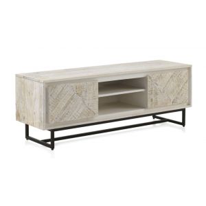 Meuble TV en manguier massif patin&eacute; blanc