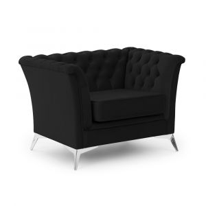 Fauteuil Chesterfield en velours noir avec pieds chrom&eacute;s