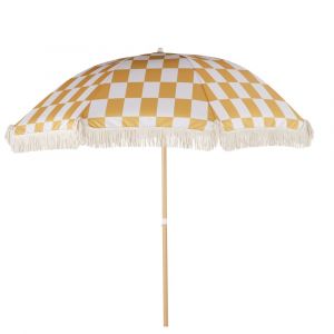 Parasol 2x2m en aluminium imitation bois et toile en polyester recycl&eacute; motif damier jaune et blanc
