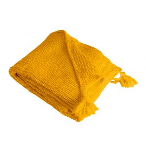 Couverture plaid coton jaune franges 130x170 cm