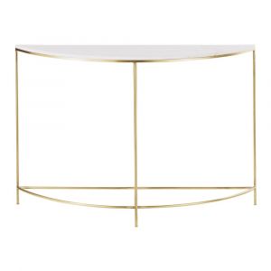 Console arrondie en m&eacute;tal coloris laiton et marbre blanc