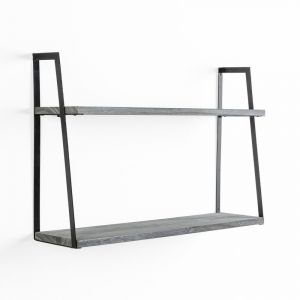 Set de 2 &eacute;tag&egrave;res murales 2 niveaux gris, bois de paulownia