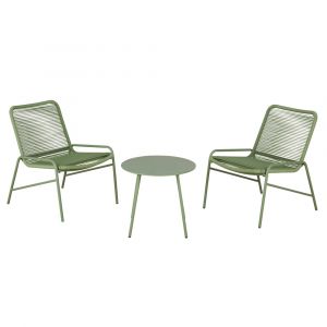 Ensemble 2 fauteuils de jardin en r&eacute;sine recycl&eacute;e et table basse en acier vert