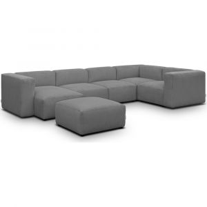 Canap&eacute; modulable panoramique 6 places, m&eacute;ridienne gauche + pouf gris