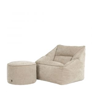 Pouf fauteuil et repose-pied rond en tissu chenille textur&eacute; beige