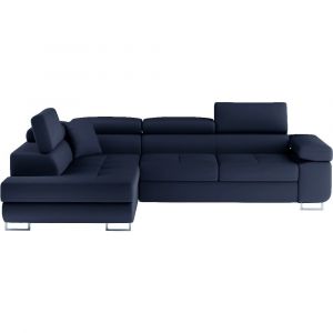 Canap&eacute; d'angle gauche convertible en simili 5 places, bleu fonc&eacute;