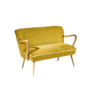 Banquette 2 places en h&eacute;v&eacute;a et velours jaune moutarde