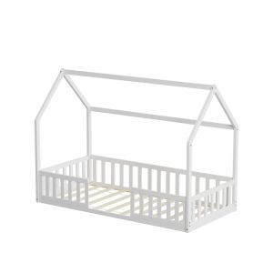 Lit cabane avec barrière Blanc  90x190 cm (matelas non inclus)