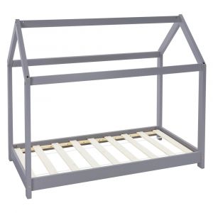 Lit cabane enfant 70x140 cm avec sommier &agrave; lattes bois de pin gris