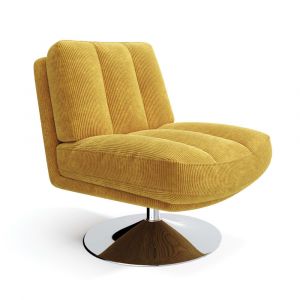 Fauteuil de salon pivotant pied chrome velours c&ocirc;tel&eacute; jaune r&eacute;tro