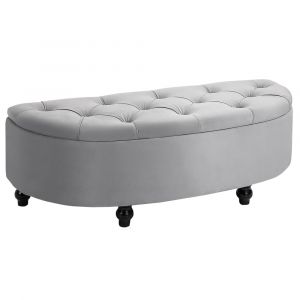 Pouf de rangement coffre classique capitonn&eacute; demi-cercle velours gris