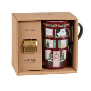 Coffret tisani&egrave;re en c&eacute;ramique imprim&eacute; maison de No&euml;l multicolore et boule &agrave; th&eacute; maison en inox