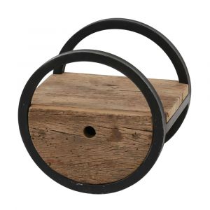 Etag&egrave;re murale ronde bois recycl&eacute; brut et m&eacute;tal noir vieilli D30cm