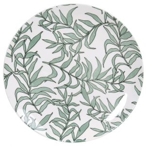 Assiette plate en porcelaine blanche motif végétal vert