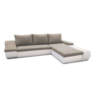 Canap&eacute; d'angle convertible 5 places en bi-mati&egrave;re beige, blanc