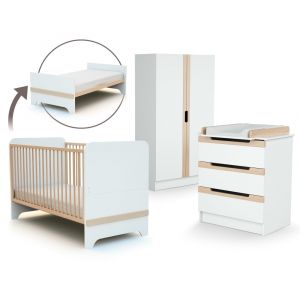 Chambre b&eacute;b&eacute; lit, commode &agrave; langer et armoire Blanc et H&ecirc;tre Verni