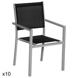 Lot de 10 chaises en aluminium gris et textil&egrave;ne noir